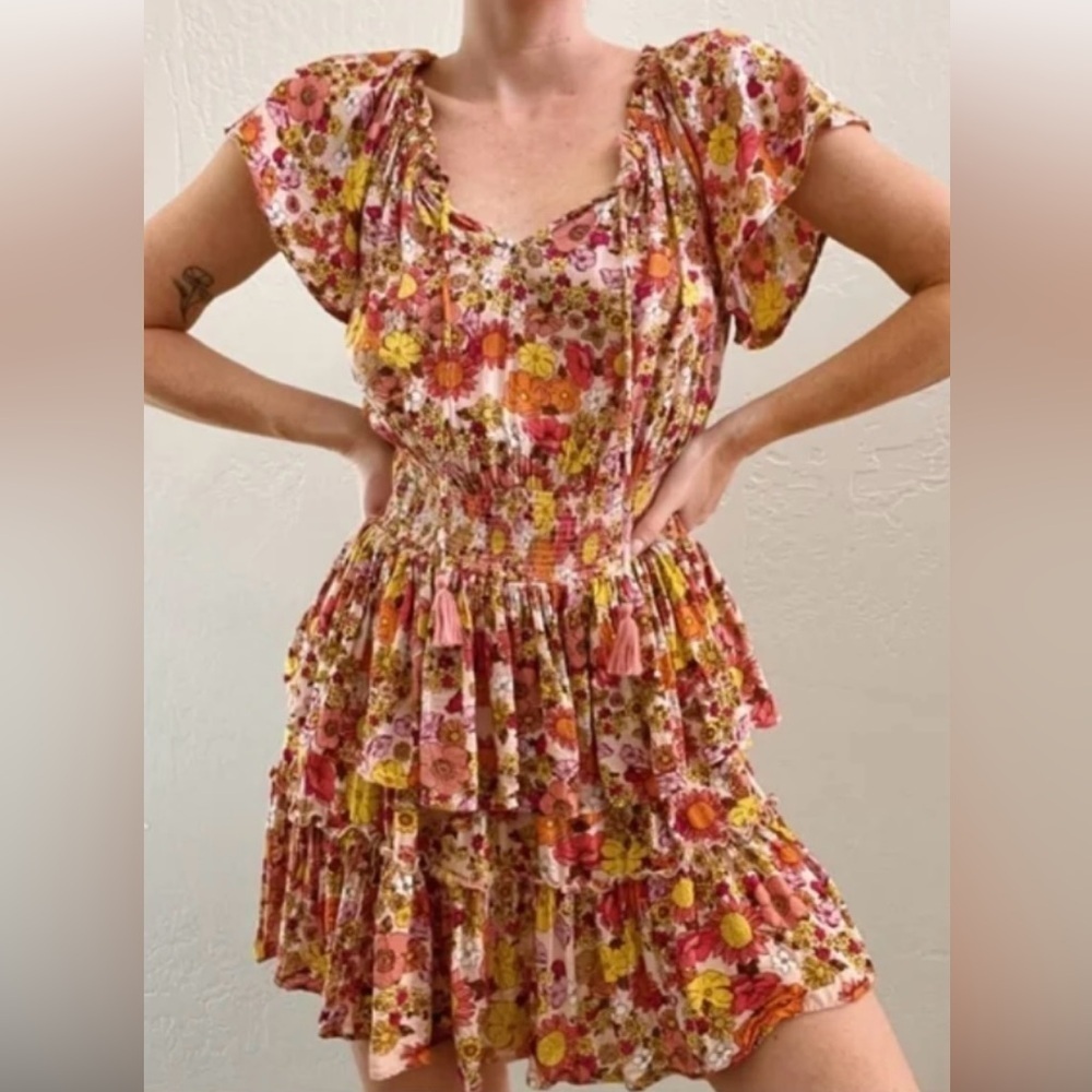Patrons of Peace Retro Floral Boho Tiered Ruffle Smocked Waist Mini Dress Small
